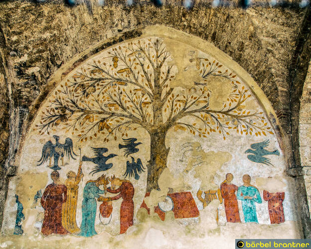 L’Albero della Fecondità („Baum der Fruchtbarkeit“), entstanden 1265. Es zeigt 25 Phalli als Baumfrüchte über sich teilweise streitenden, teilweise die Geschlechtsteile erntenden Frauen. (© Wikipedia)