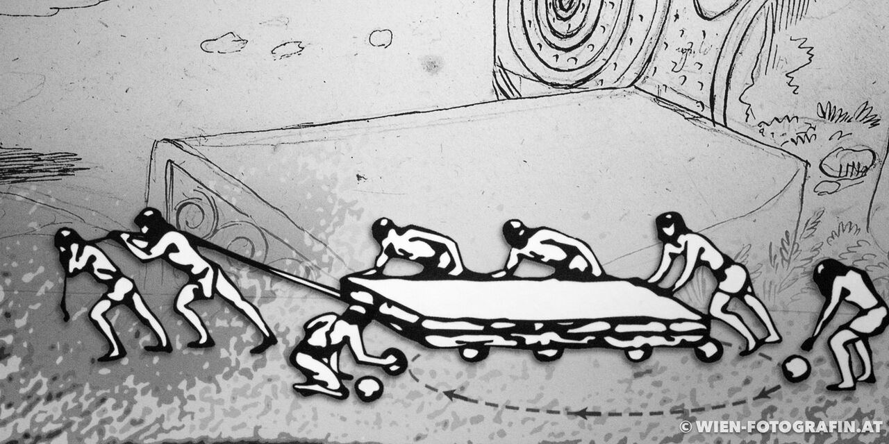 Grafische Darstellung des Transportes großer Steinblöcke